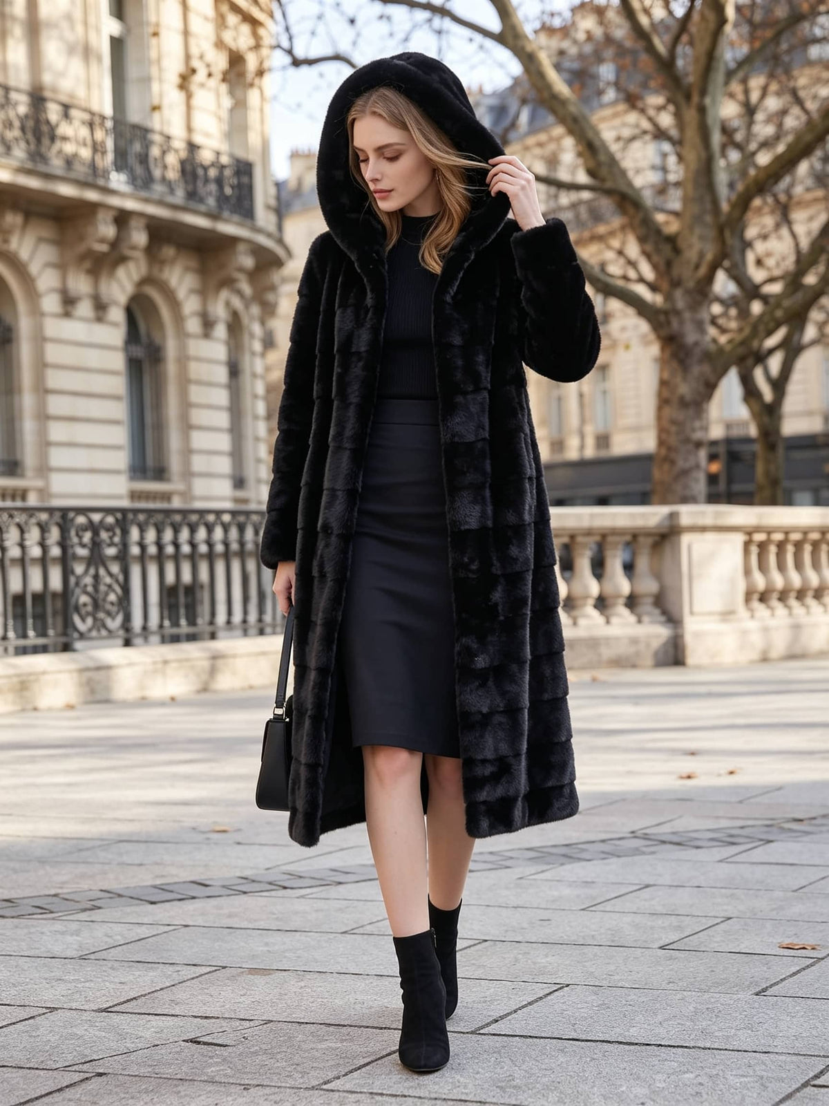 A woman wearing a long black faux fur coat with a hood, a black dress, and black ankle boots, walking on a stone sidewalk in an urban setting.