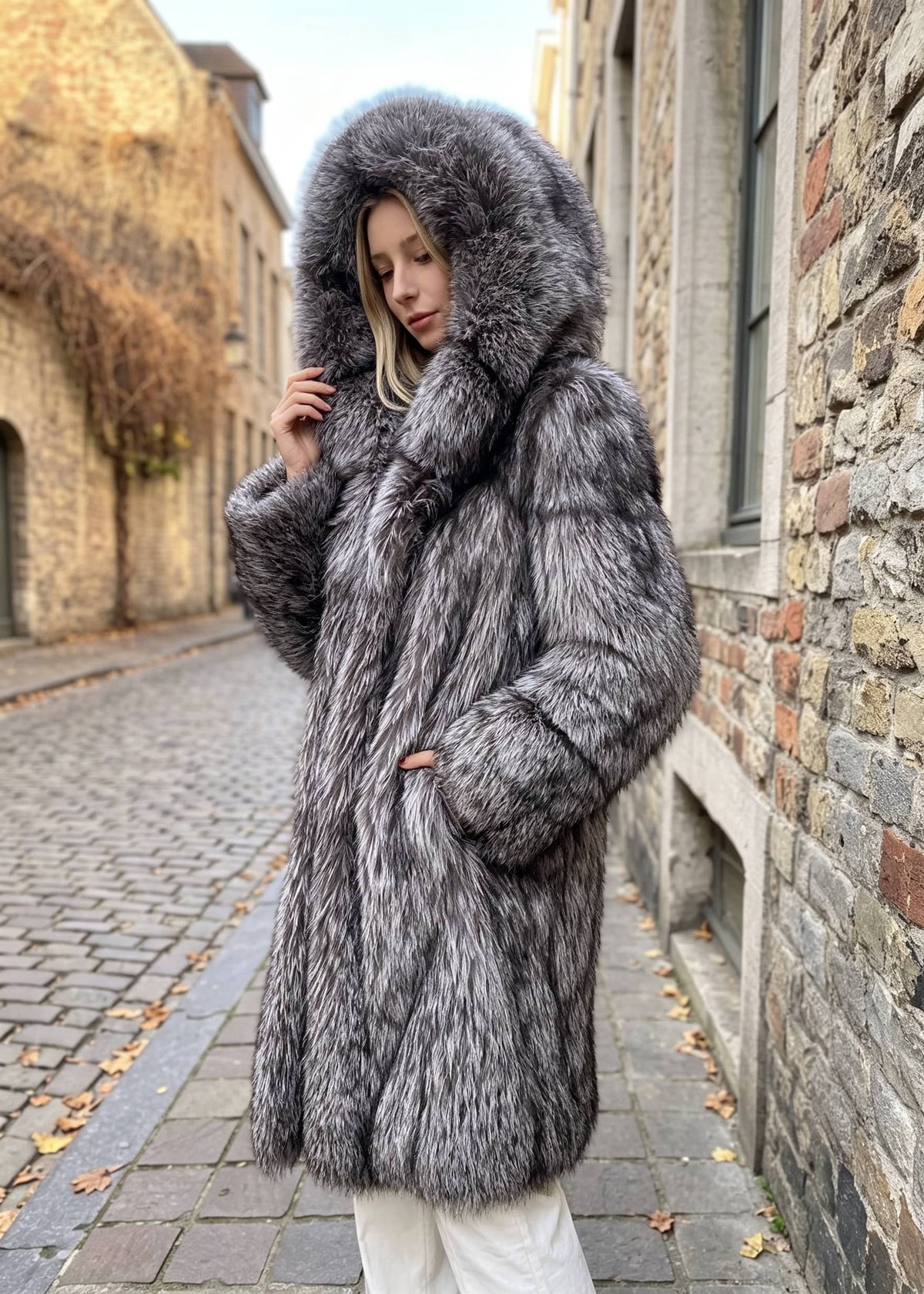 Three-quarter view of a woman wearing a silver-gray fox faux-fur hooded longline winter coat with the hood pulled up, looking downward in an outdoor alley.