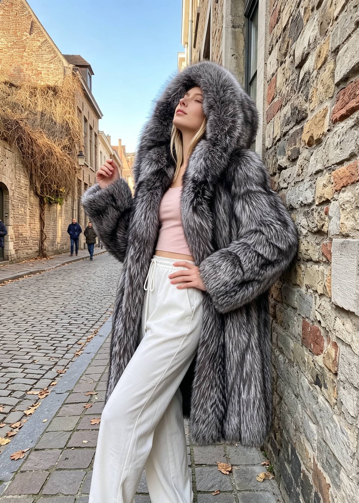 A woman wearing a luxurious long gray fur coat with a large hood, styled over a light pink top and white pants, posing on a cobblestone street next to a rustic stone wall.