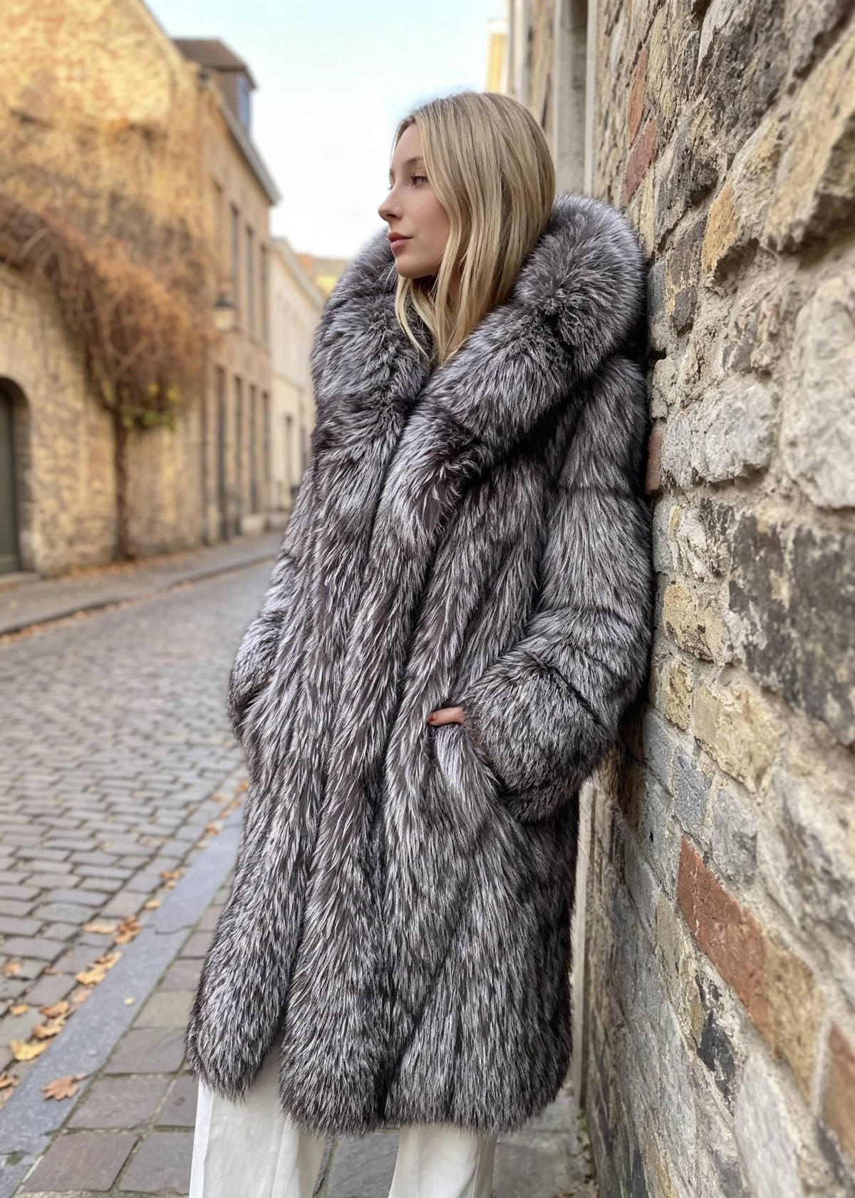 Side profile of a woman leaning against an exterior brick wall, wearing a thick silver-gray faux-fur longline winter coat with a plush oversized hood.
