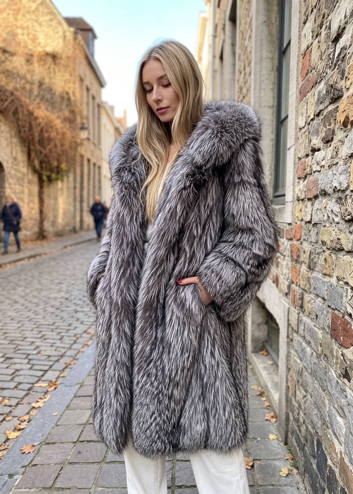 Front three-quarter view of a blonde woman wearing a hooded silver-gray fox faux-fur coat draped open at the front over casual clothes on a cobblestone path.