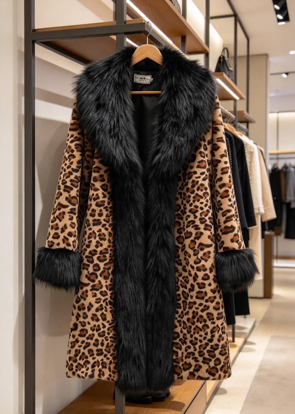 Boutique showroom display of the women's leopard print faux fur long coat featuring oversized black fur trim on a hanger.   