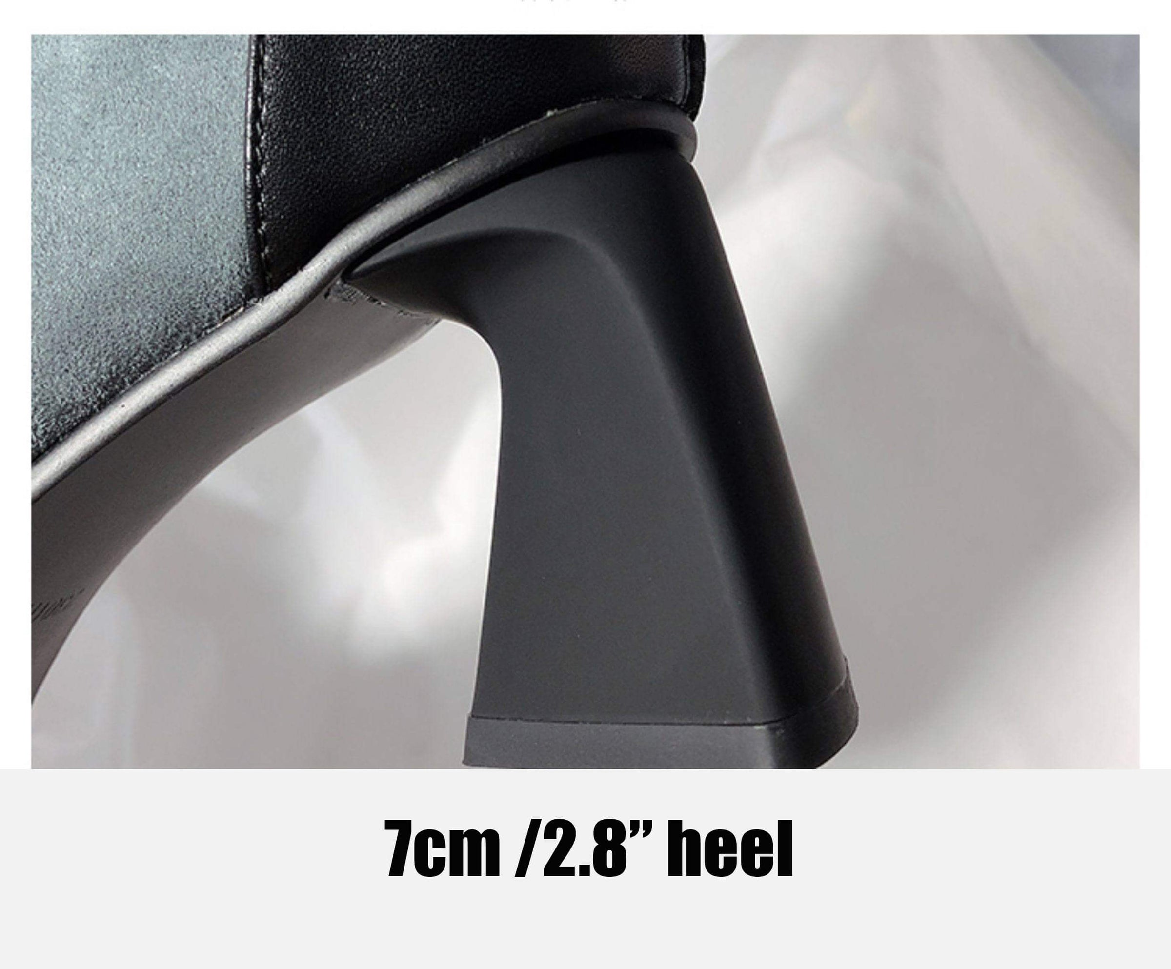 A close-up side view of the "7cm / 2.8” heel," emphasizing its modern, flared block shape and matte black finish.
