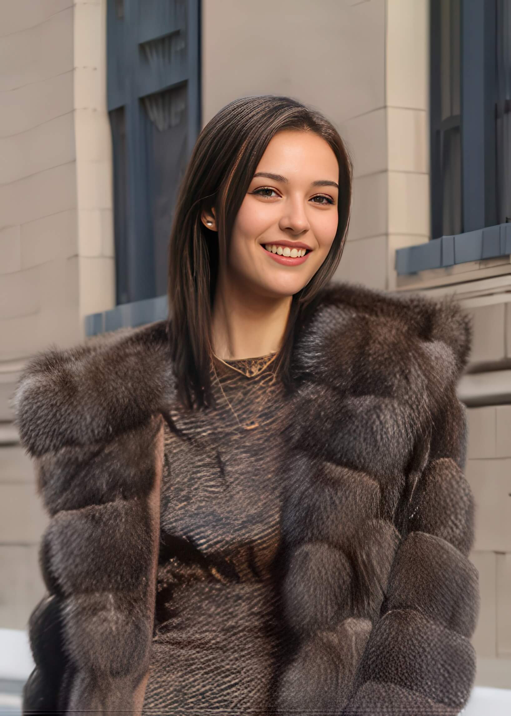 A close-up portrait of a smiling woman with straight brown hair, wearing a high-collared brown fur jacket against a background of a classic stone building.