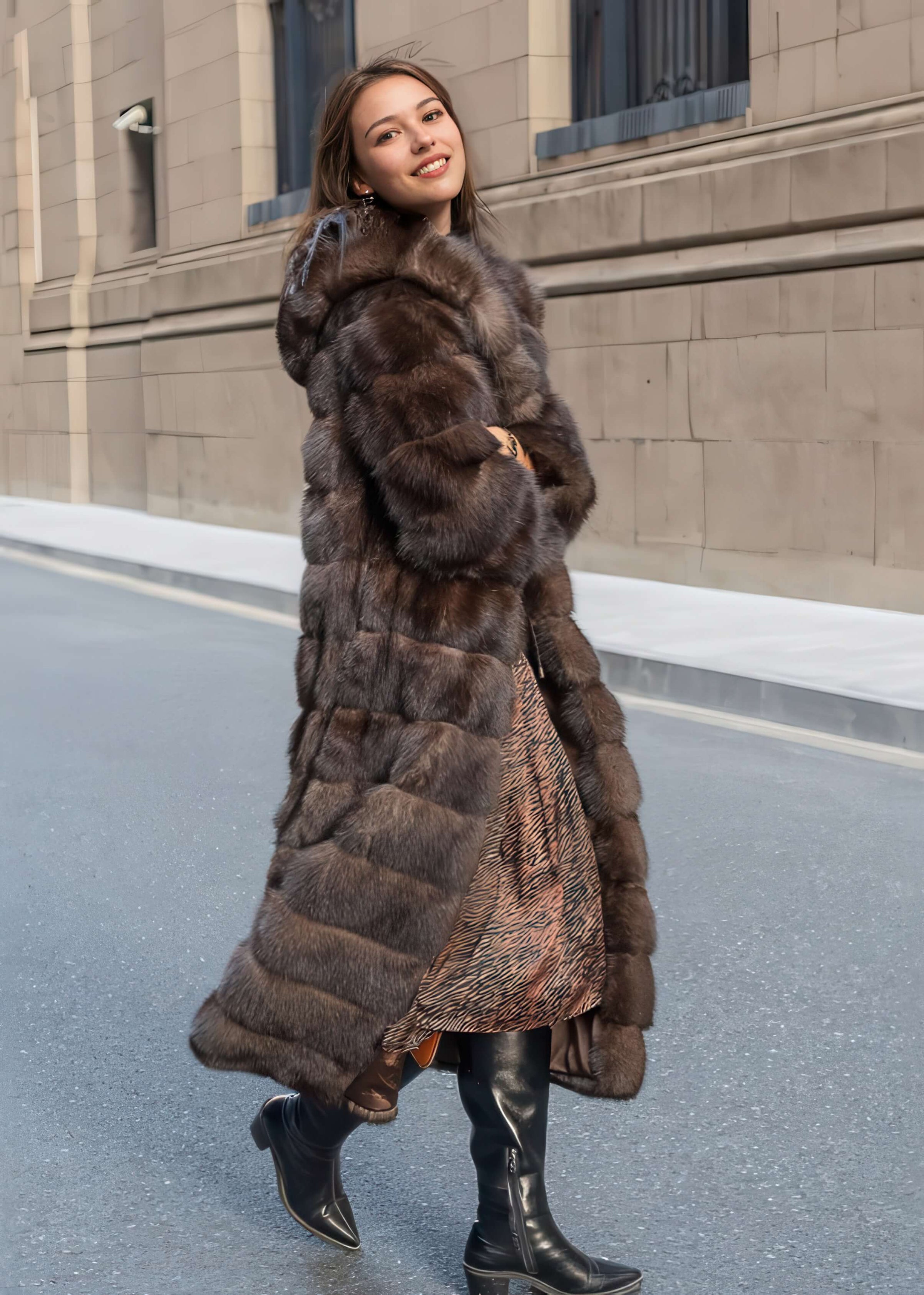 A profile view of a woman walking down a street in a long, dark brown fur coat, revealing a patterned dress underneath and tall black leather boots.
