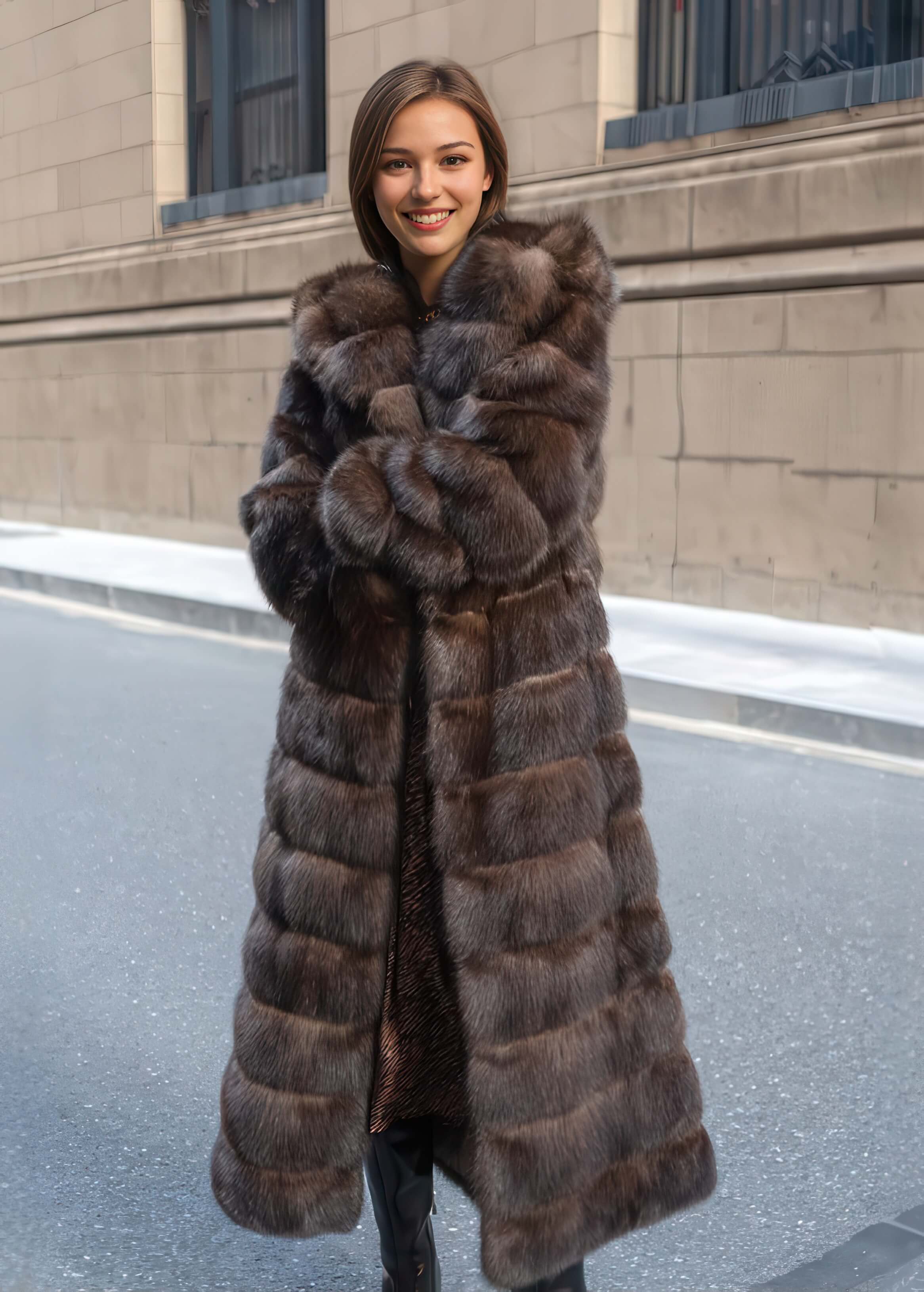A woman standing on a city street, smiling warmly with her arms crossed. She is wearing a heavy, floor-length brown fur coat with distinct horizontal paneling.