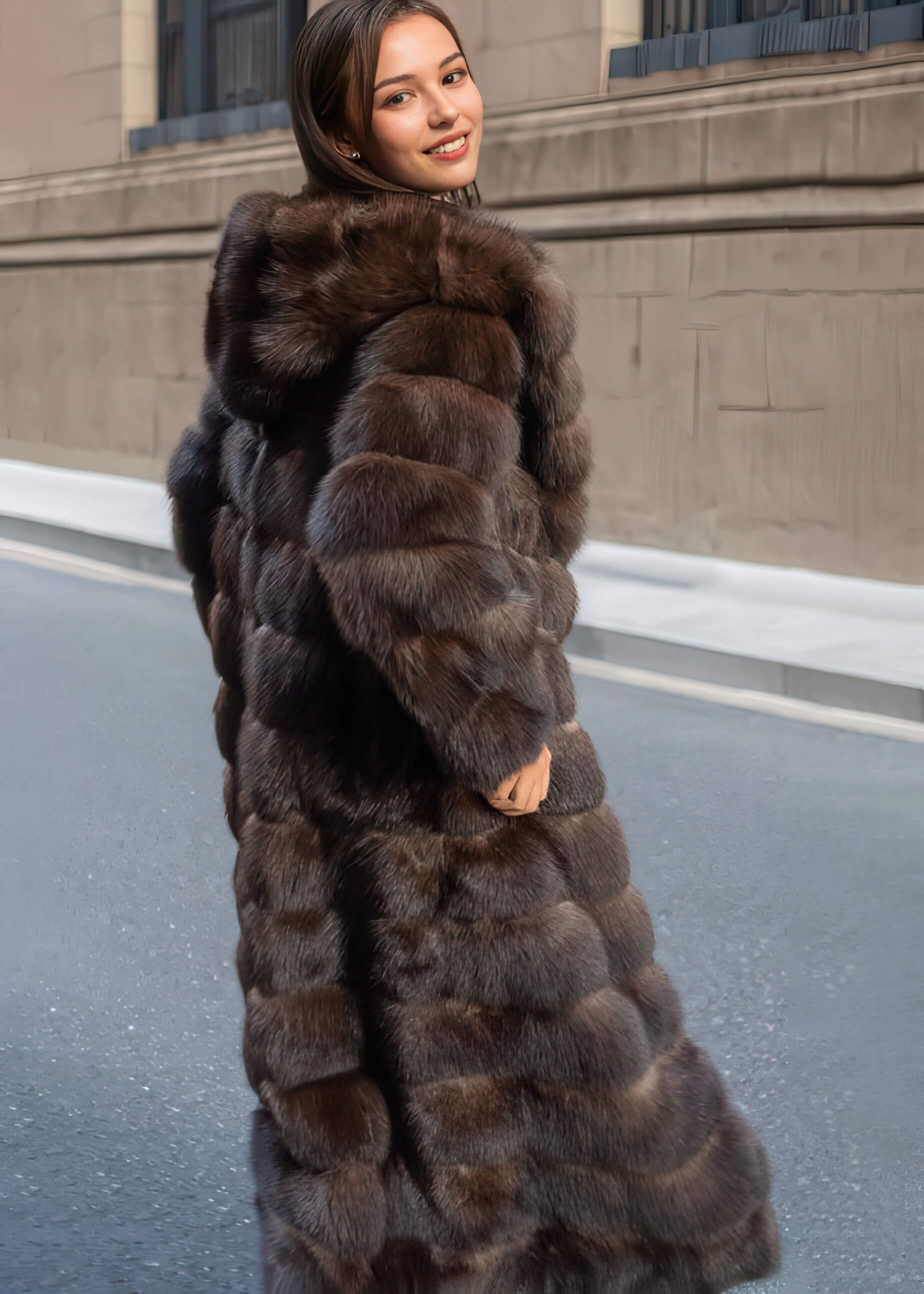 A woman with long brown hair smiles and looks back over her shoulder while wearing a voluminous, full-length dark brown fur coat with a large hood.