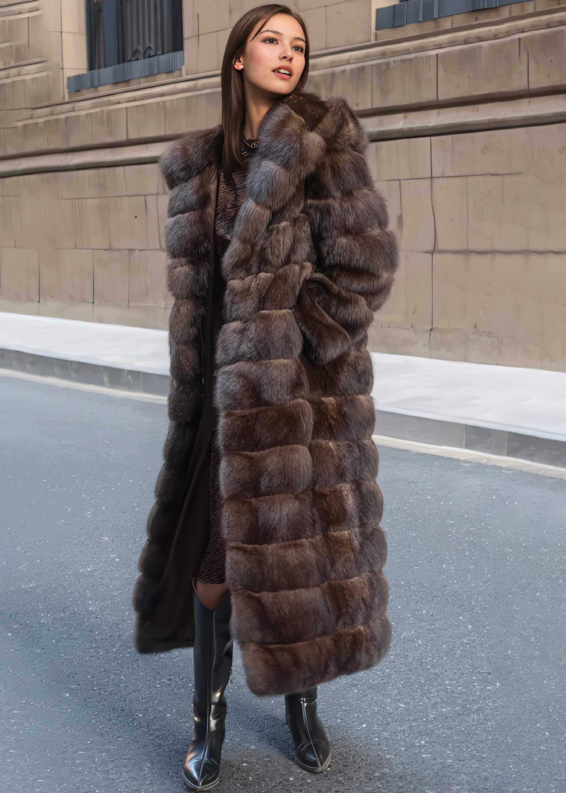 A woman looking off to the side with a slight smile, posing in an open, full-length brown fur coat that shows a dark dress and black boots.