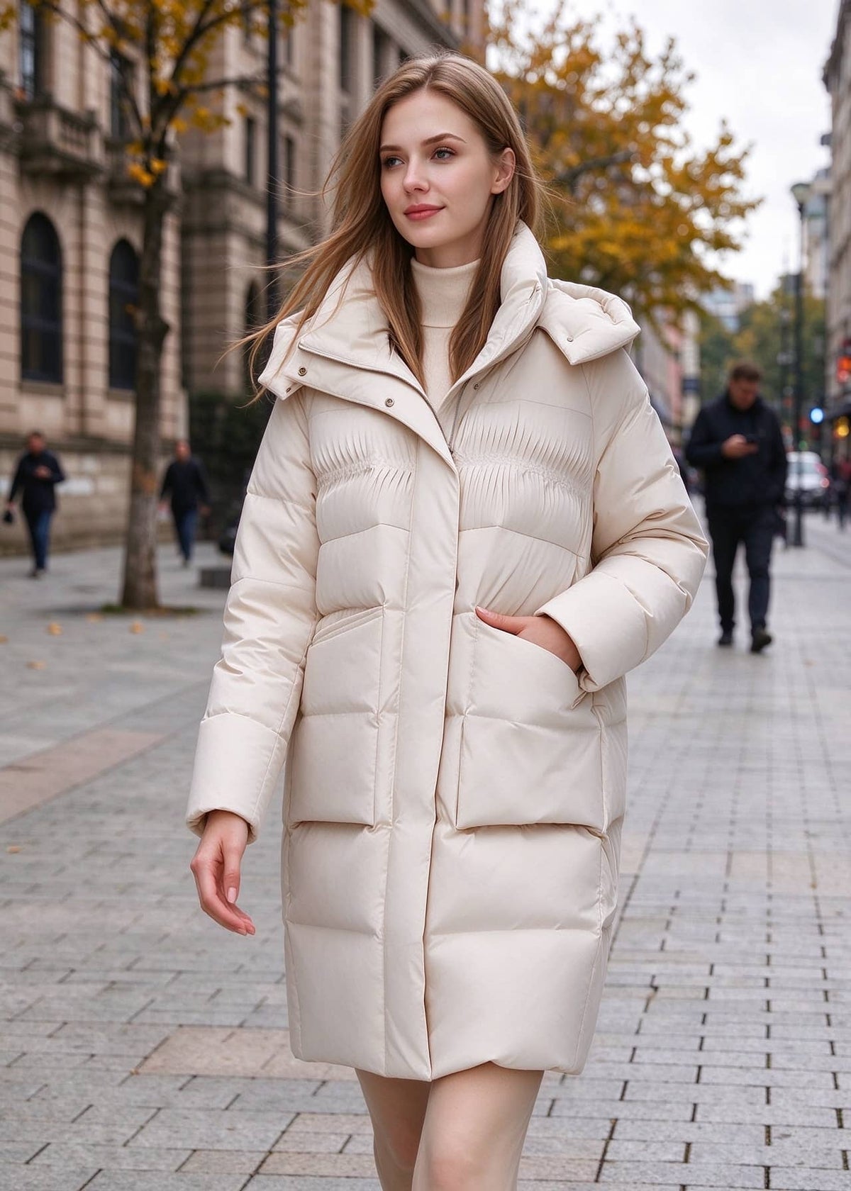 Front walking shot of a woman in an ivory hooded quilted down coat featuring front flap pockets and cozy high neck styling.