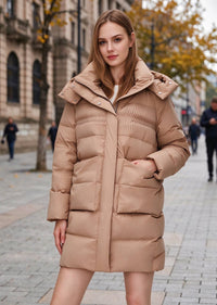 Front view of woman wearing a camel khaki mid-length hooded down puffer coat with pleated yoke details and large flap pockets on a city street.