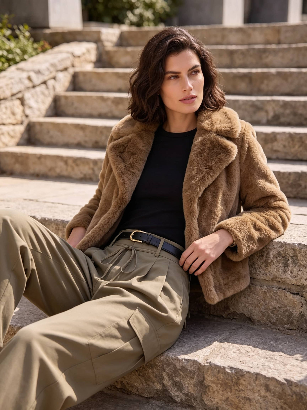 A woman sits on outdoor stone steps wearing a brown faux-fur jacket over a black top and olive green trousers.