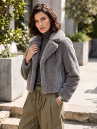 The Elena Notch Lapel Plush Faux Fur Crop Jacket