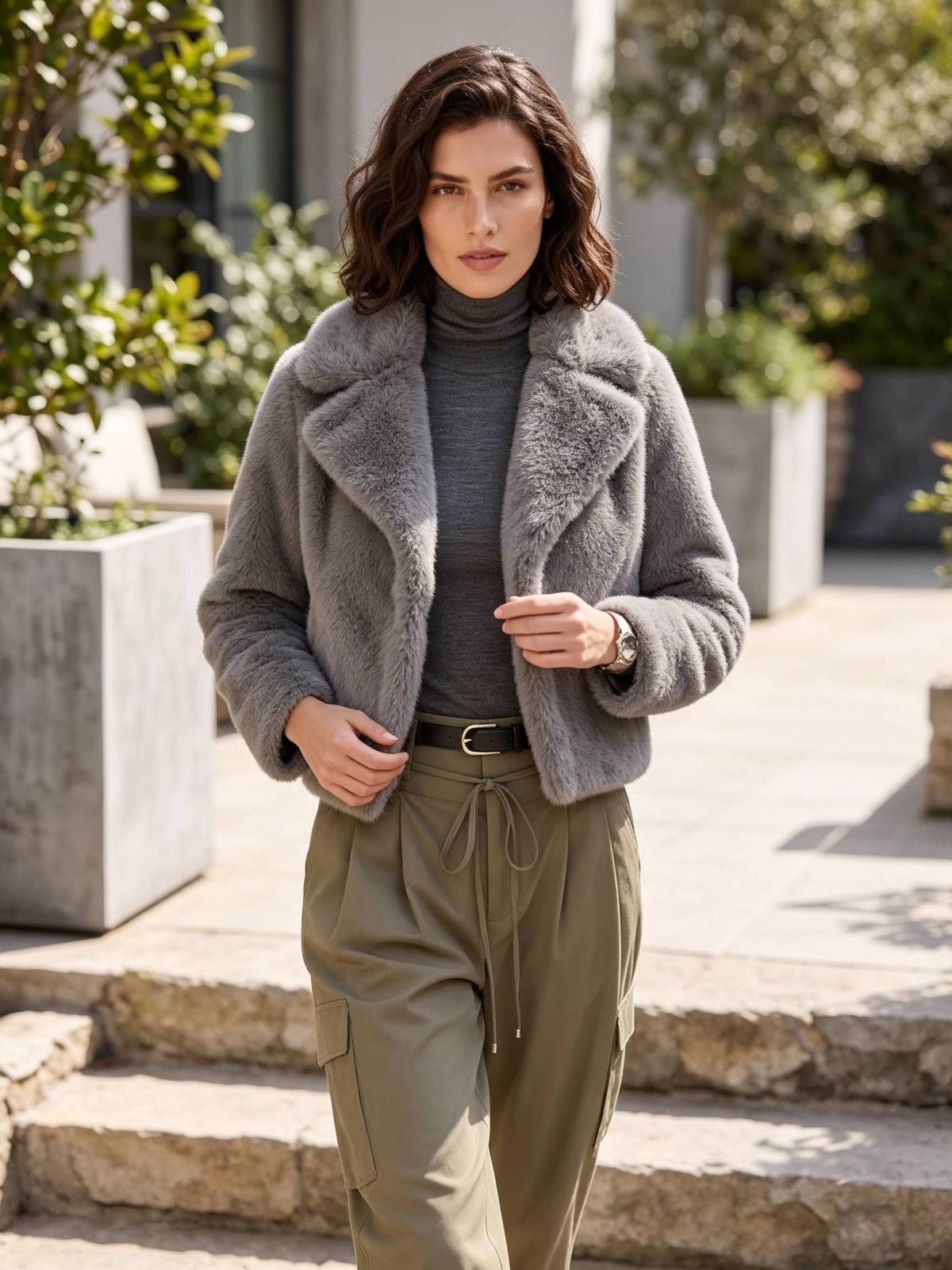 A woman stands on outdoor stone steps wearing a gray fuzzy cropped jacket over a gray turtleneck, olive green drawstring pants, and a black belt.