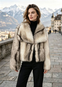 Model wearing cream and beige womens faux fur crop jacket with wide sailor lapel collar outdoors