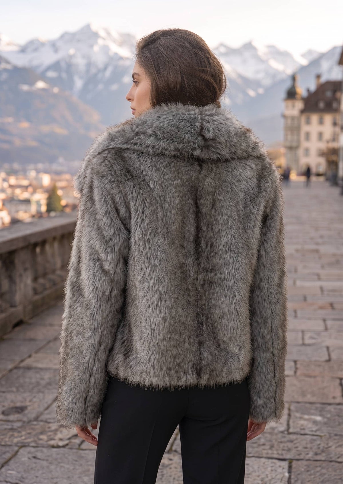 Back view of woman wearing textured gray faux fur crop coat showcasing wide sailor back collar