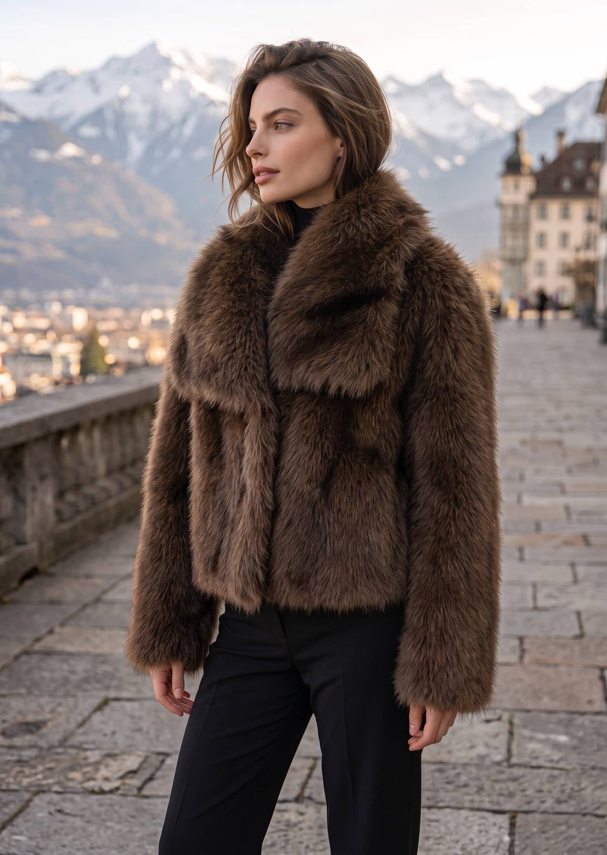 Model posing outdoors in dark brown cropped faux fur jacket with wide sailor collar and black trousers
