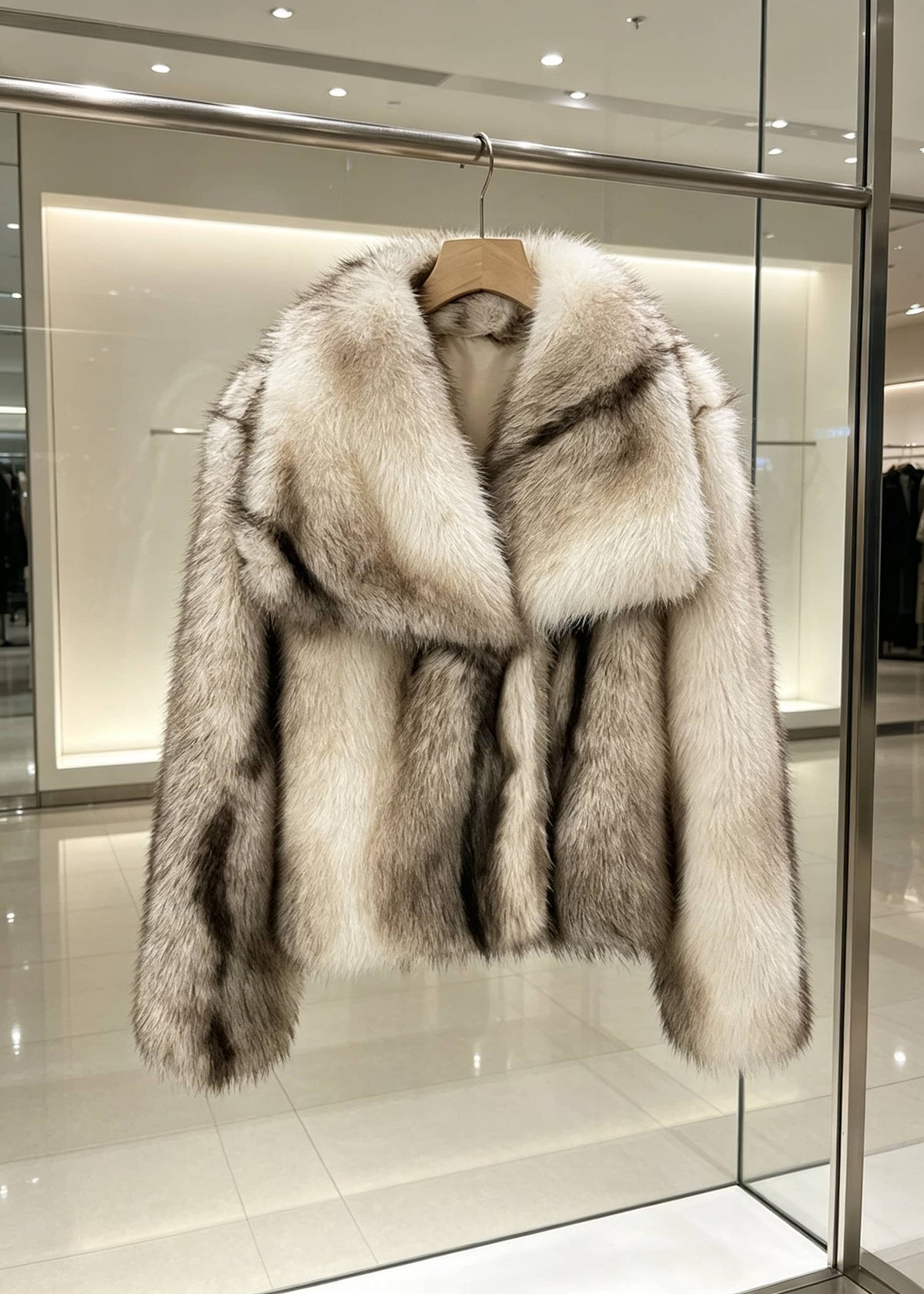 Cream white fluffy faux fur short coat with wide sailor collar hanging on clothing rack