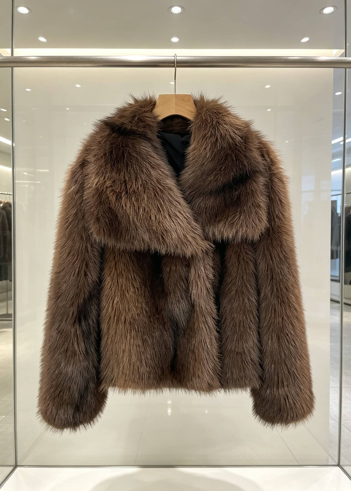 Dark chocolate brown womens winter faux fur cropped coat on clothing rack