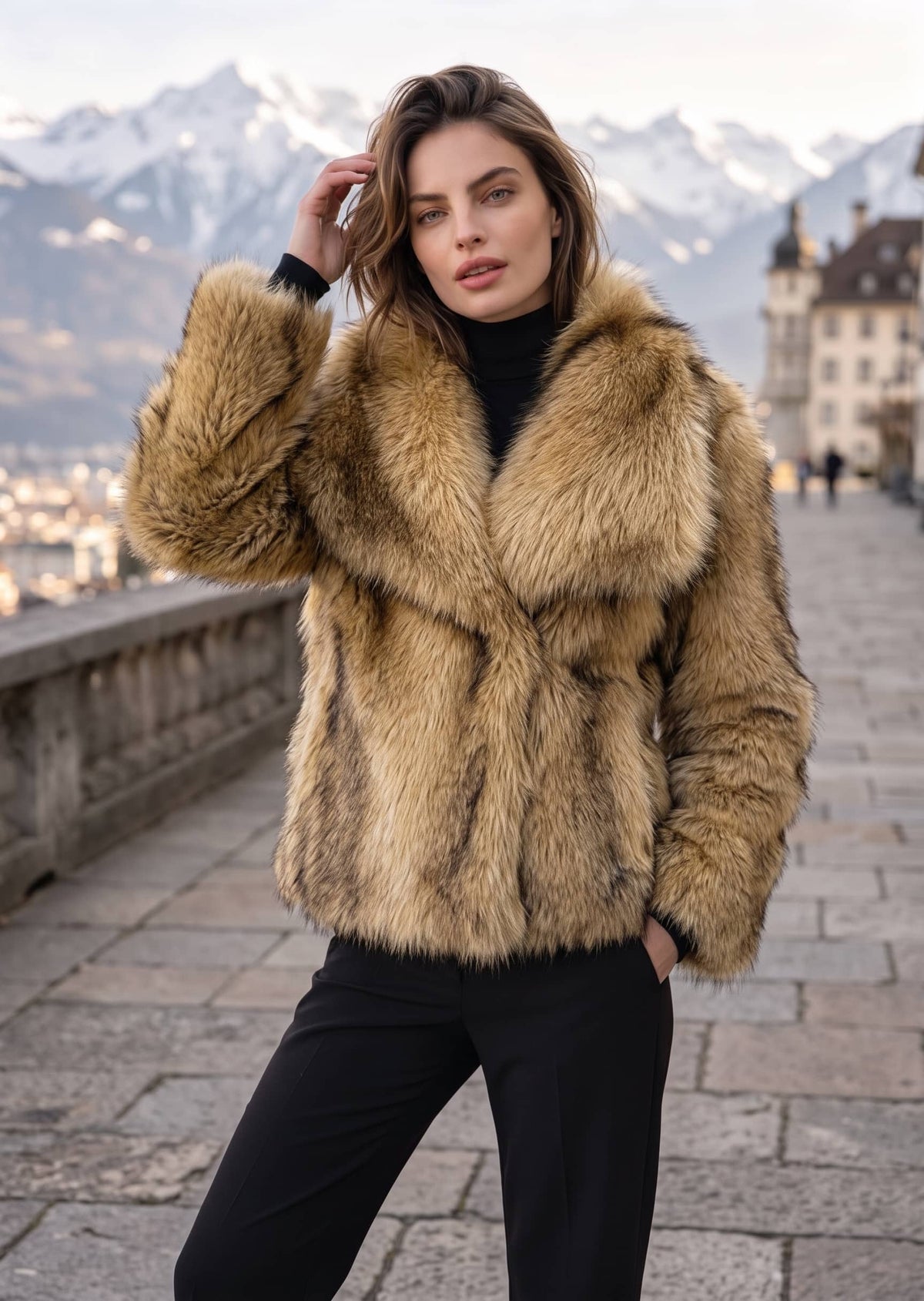 Model posing outdoors in golden camel faux fur cropped jacket and black tailored trousers