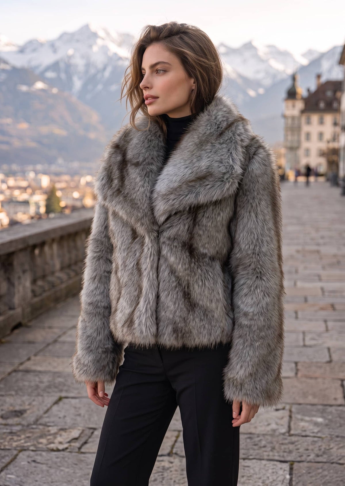 Three-quarter view of woman wearing warm gray plush faux fur jacket with wide sailor collar