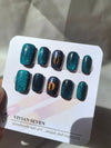 Cat's Eye Blue Glittered Short Square Hand-Painted Press-on Fake Nails