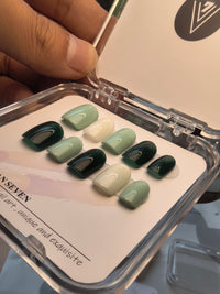 Acrylic Green White Push-on Nails, Squared Oval Fake Nails