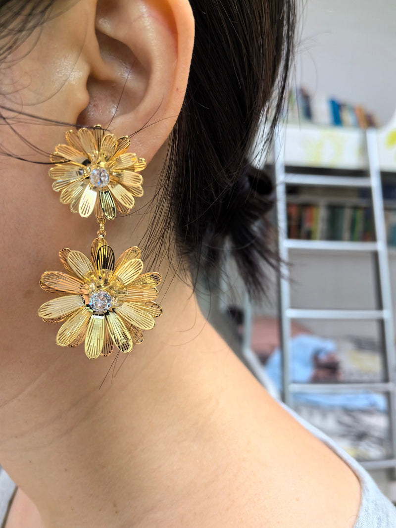 Zircon Gold Plate Floral Drop Statement Earrings