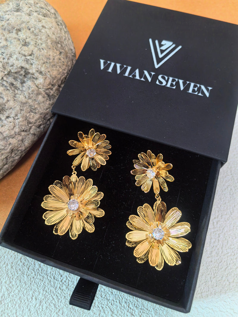 Zircon Gold Plate Floral Drop Statement Earrings