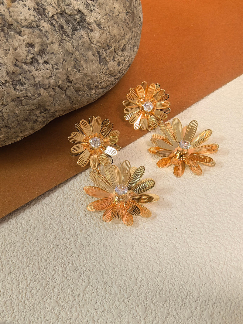 Zircon Gold Plate Floral Drop Statement Earrings