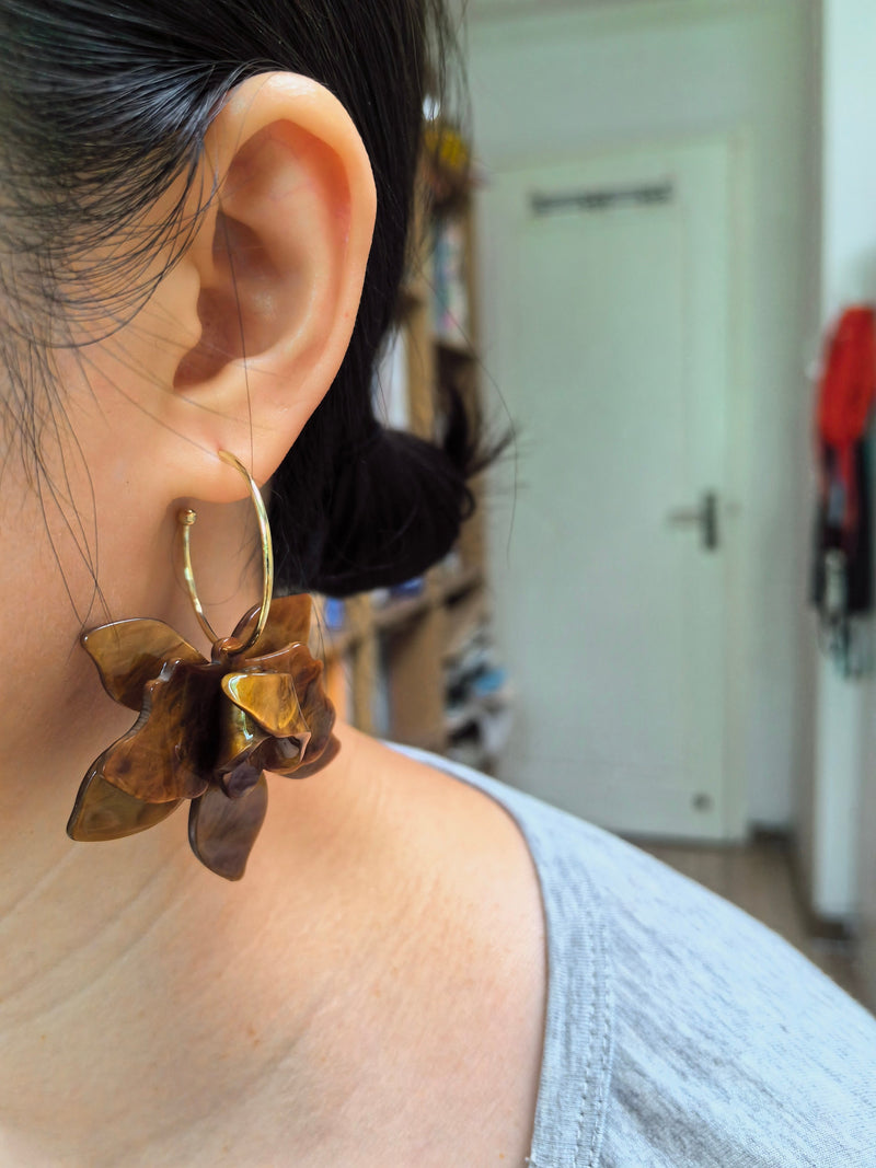 Brown Resin Flower Pull Through Hoop Drop Statement Floral Dangle Earrings