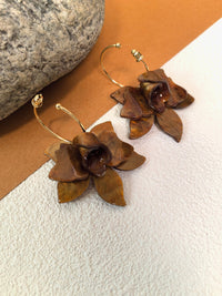 Brown Resin Flower Pull Through Hoop Drop Statement Floral Dangle Earrings