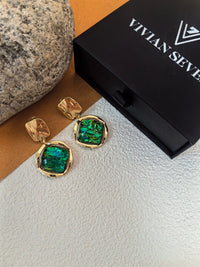 Chic Gold Green Resin Stone Drop Earrings