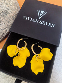 Yellow Floral Petal Huggie Hoop Drop Statement Earrings