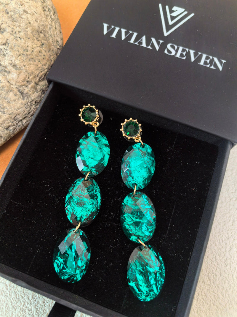 Green Triple Acrylic Rhinestone Stone Oval Linear Drop Dangle Statement Earrings