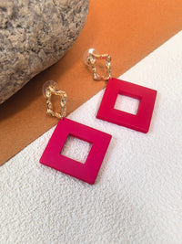 Gold Crinkle Fuchsia Acrylic Geometric Square Drop Statement Earrings