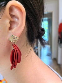 Red Petal Flower Tassel Drop Dangle Statement Earrings