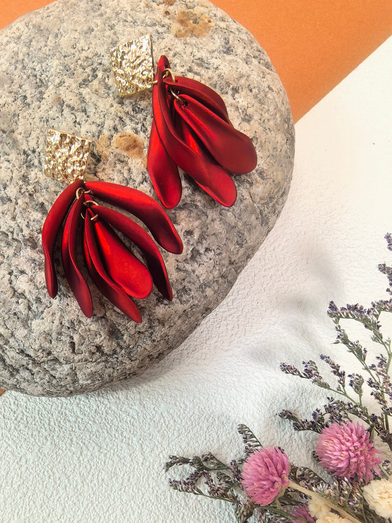 Red Petal Flower Tassel Drop Dangle Statement Earrings