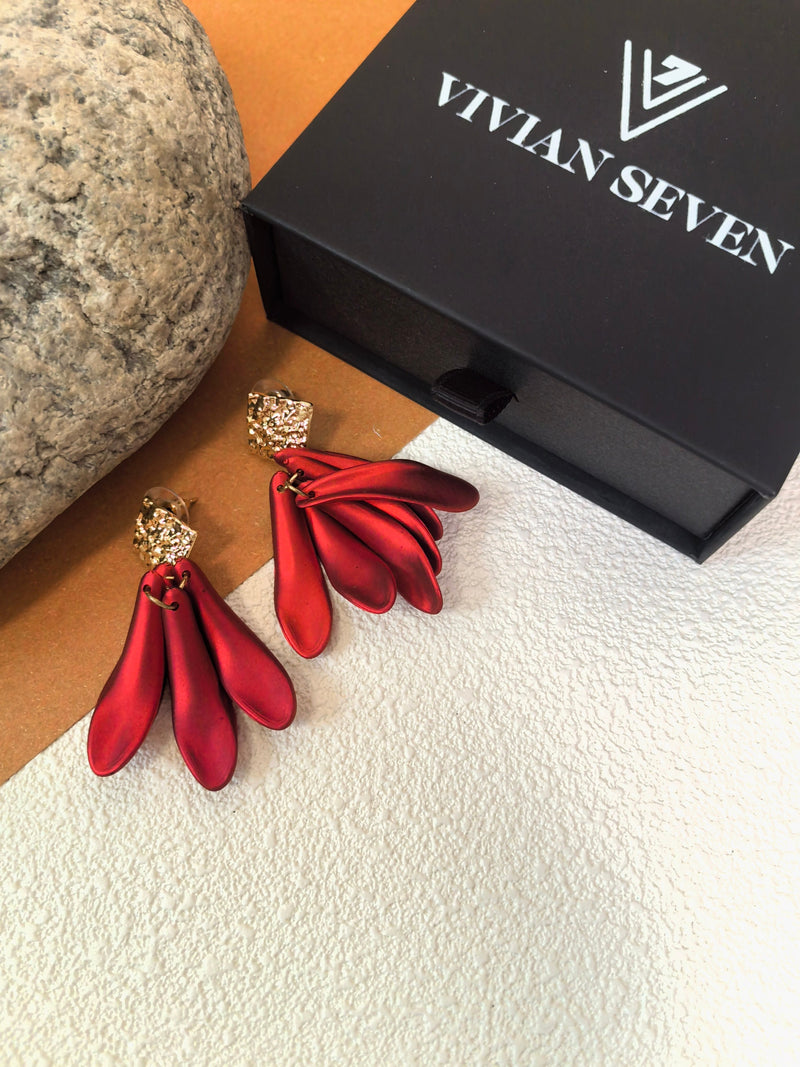 Red Petal Flower Tassel Drop Dangle Statement Earrings