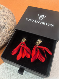 Red Petal Flower Tassel Drop Dangle Statement Earrings