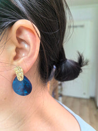 Crinkle Hammered Blue Teardrop Disc Gold Blue Drop Earrings