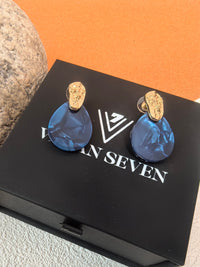 Crinkle Hammered Blue Teardrop Disc Gold Blue Drop Earrings