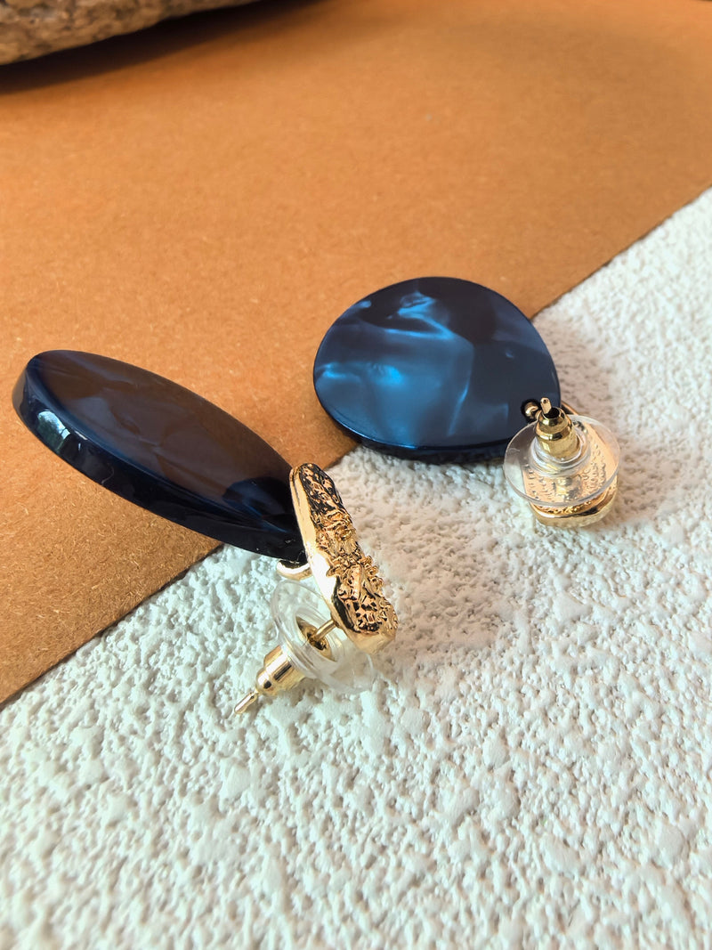 Crinkle Hammered Blue Teardrop Disc Gold Blue Drop Earrings