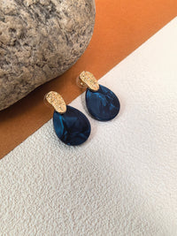 Crinkle Hammered Blue Teardrop Disc Gold Blue Drop Earrings