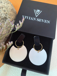 Trendy Two Tone Black White Acrylic Disc Drop Dangle Statement Earrings