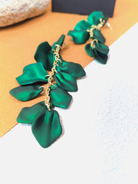 Green Petal Chain Linear Statement Dangle Long Drop Earrings