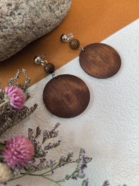 Boho Brown Wood Bead Disc Drop Statement Earrings