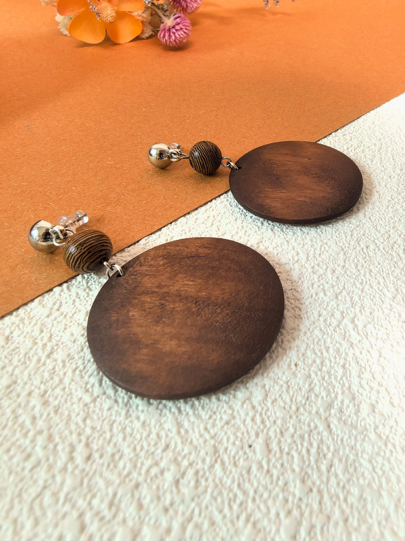 Boho Brown Wood Bead Disc Drop Statement Earrings