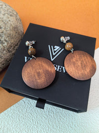 Boho Brown Wood Bead Disc Drop Statement Earrings