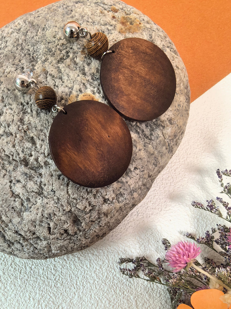 Boho Brown Wood Bead Disc Drop Statement Earrings