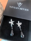 Silver Flower Black Resin Teardrop Drop Earrings